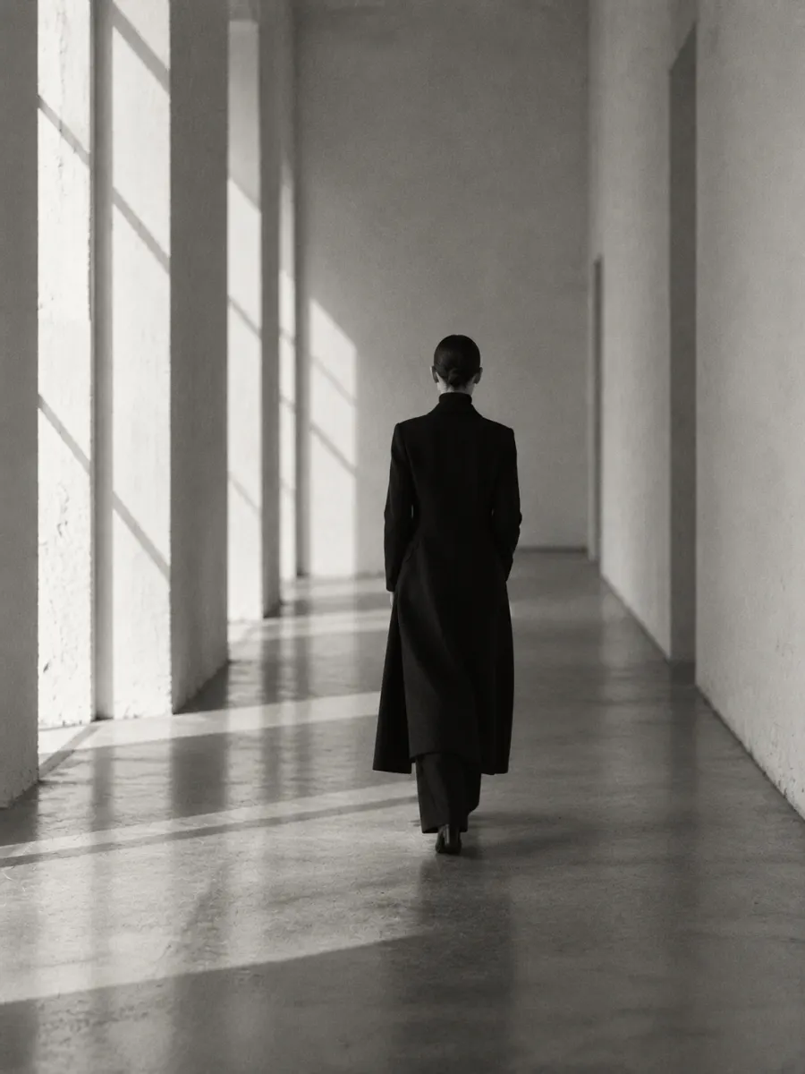 A figure walking away down a long, light-filled corridor