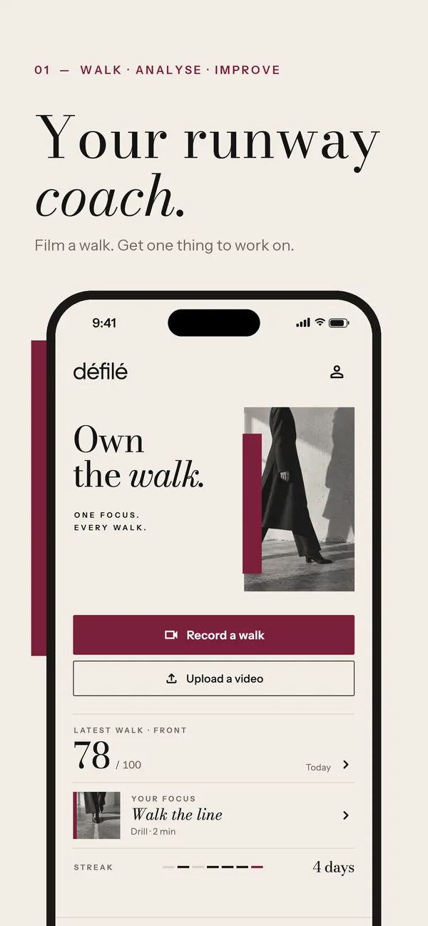 Défilé home screen with the latest walk score of 78